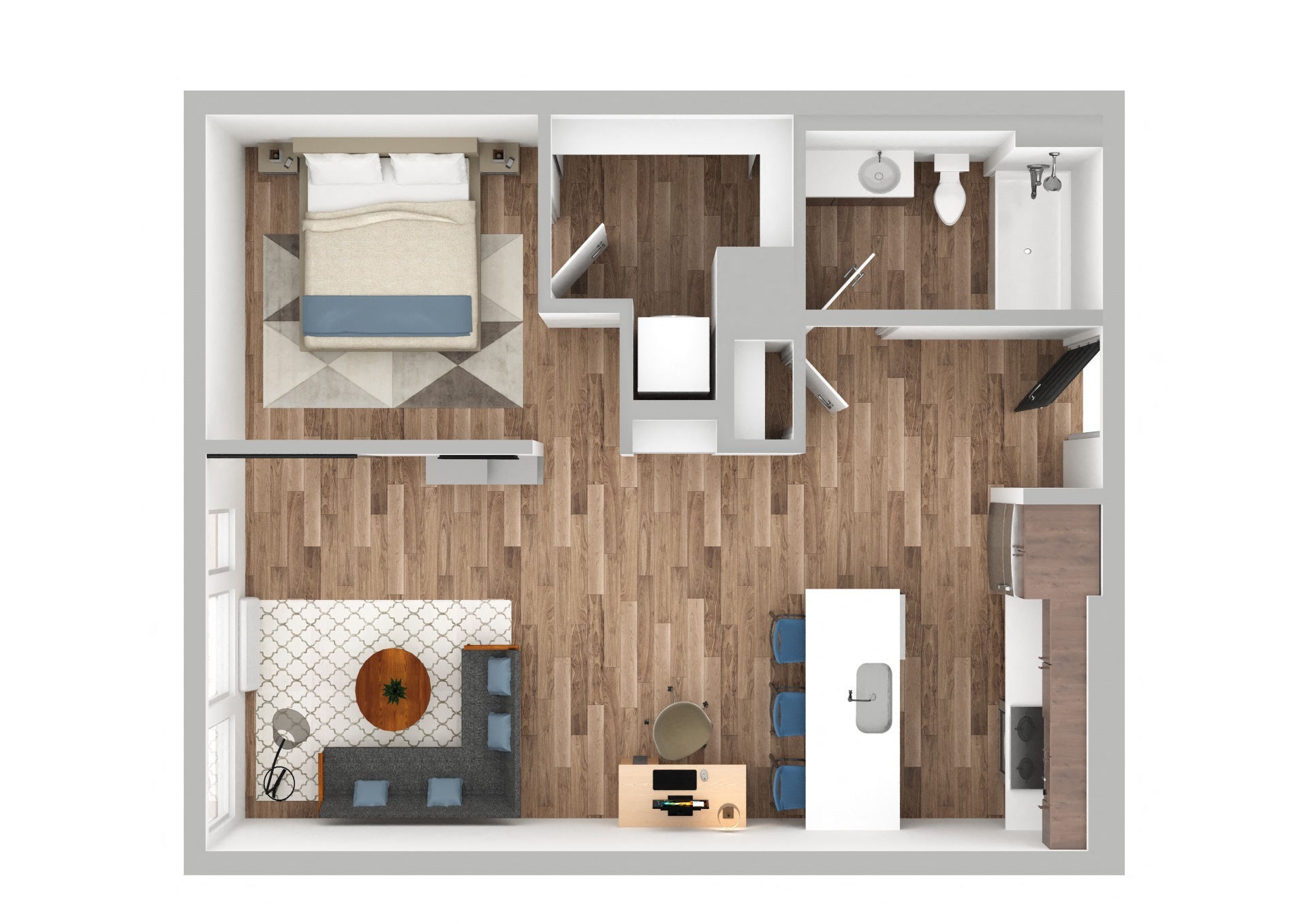 Floor plan for 1 bed, 1 bath, 724 sqft